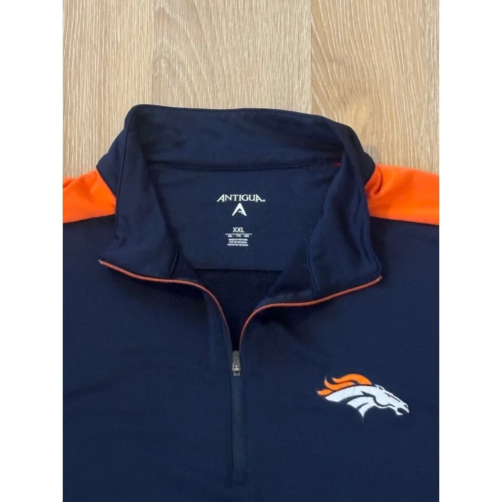 Antigua Denver Broncos Mens XXL Navy Blue Orange Quarter Zip Pullover NFL Jacket